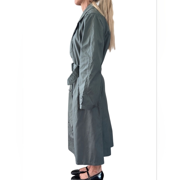 Vintage 80s Army Green Trench Coat Belted Military Raincoat Minimalist Utility - Picture 3 of 9